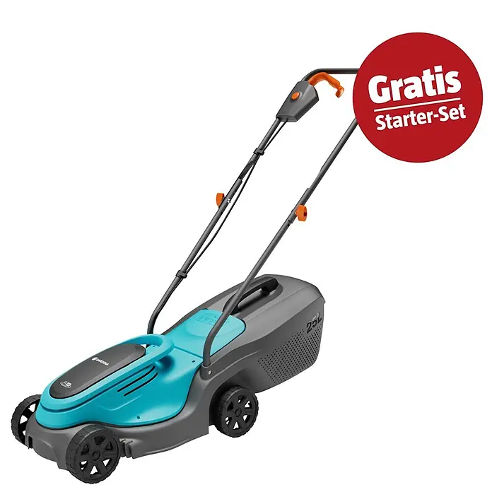 Gardena Power for All 18V Maschinenpaket - Akku-Rasenmäher , 18V, 2,5 Ah Akku & Ladegerät - Ein türkis-grauer Gardena Elektromäher mit orangefarbenen Akzenten und rotem „Gratis Starter-Set“ Zeichen.