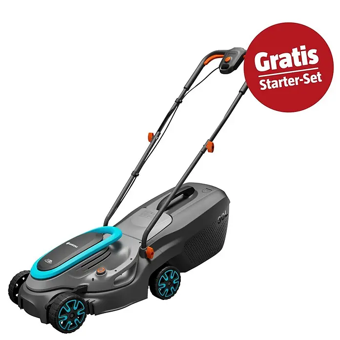 Gardena Power for All 18V Maschinenpaket - Akku-Rasenmäher PowerMax 32/18V, 18V, 2,5 Ah Akku & Ladegerät - Gardena Akku-Rasenmäher in Dunkelgrau und Schwarz mit Türkis- und Orangeakzenten, inklusive rotem 'Gratis Starter-Set' Aufkleber.