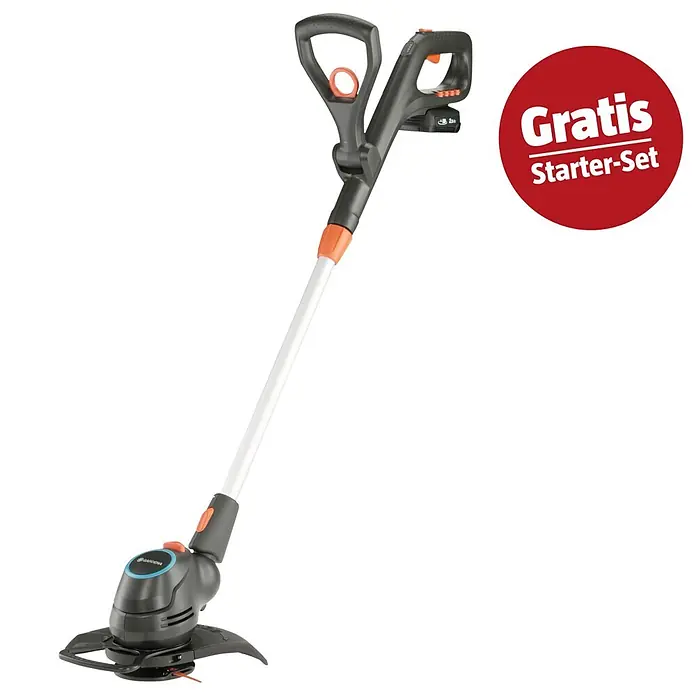Gardena Power for All 18V Maschinenpaket - Akku-Rasentrimmer ComfortCut, 18V, 2,5 Ah Akku & Ladegerät - Gardena Akku-Rasentrimmer in Schwarz, Orange und Weiß mit "Gratis Starter-Set" Plakette.