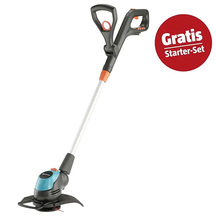 Gardena Power for All 18V Maschinenpaket - Akku-Rasentrimmer EasyCut, 18V, 2,5 Ah Akku & Ladegerät - Ein schwarz-grauer und blauer Gardena Rasentrimmer mit orangefarbenen Akzenten und rotem 'Gratis Starter-Set'-Abzeichen.