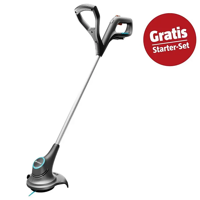 Gardena Power for All 18V Maschinenpaket - Akku-Rasentrimmer , 18V, 2,5 Ah Akku & Ladegerät - Gardena Rasentrimmer in Grau und Schwarz mit weißem Stiel, blauen Akzenten und rotem „Gratis Starter-Set“-Abzeichen.