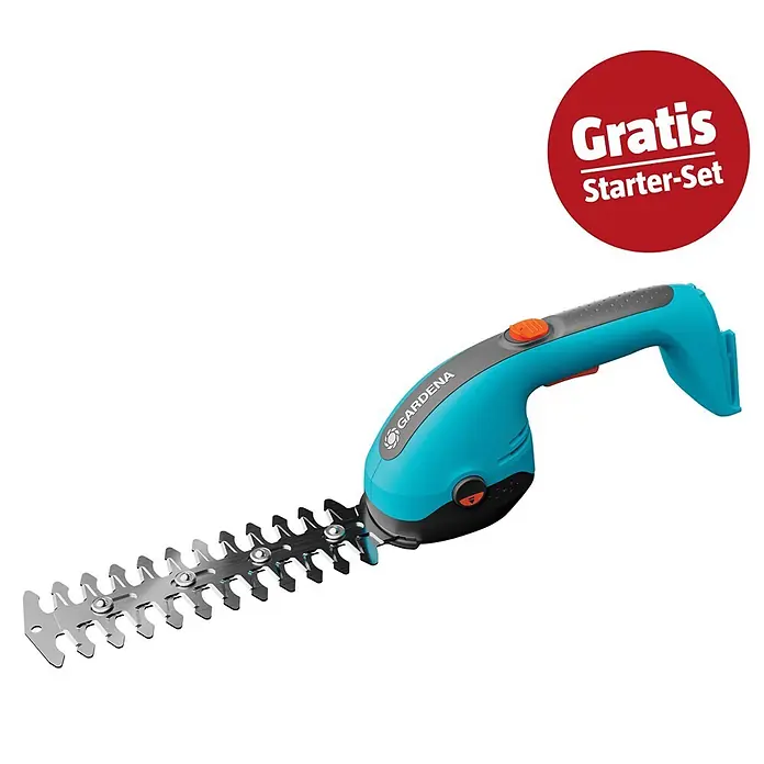 Gardena Power for All 18V Maschinenpaket - Akku-Gras- & Strauchschere 20/18V P4A, 18V, 2,5 Ah Akku & Ladegerät - Gardena blau-schwarze Heckenschere mit silbernen Klingen und orangen Akzenten. Inklusive „Gratis Starter-Set“-Badge.