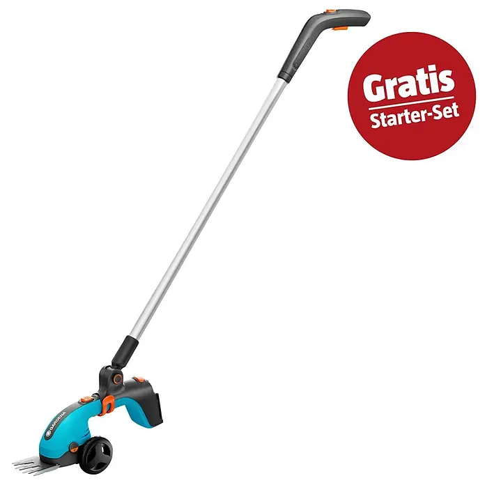 Gardena Power for All 18V Maschinenpaket - Akku-Grasschere PowerCut 20/18V, 18V, 2,5 Ah Akku & Ladegerät - Gardena Akku-Grasschere mit langem Stiel, blau-schwarz, und rotem 'Gratis Starter-Set' Zeichen.