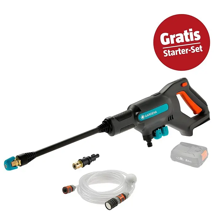 Gardena Power for All 18V Maschinenpaket - Akku-Druckreiniger AquaClean 24/18V, 18V, 2,5 Ah Akku & Ladegerät - Gardena Akku-Druckreiniger in Dunkelgrau mit orange-türkisen Akzenten, inklusive 2,5 Ah Akku, Schlauch und Anschlüssen. Mit Gratis Starter-Set.