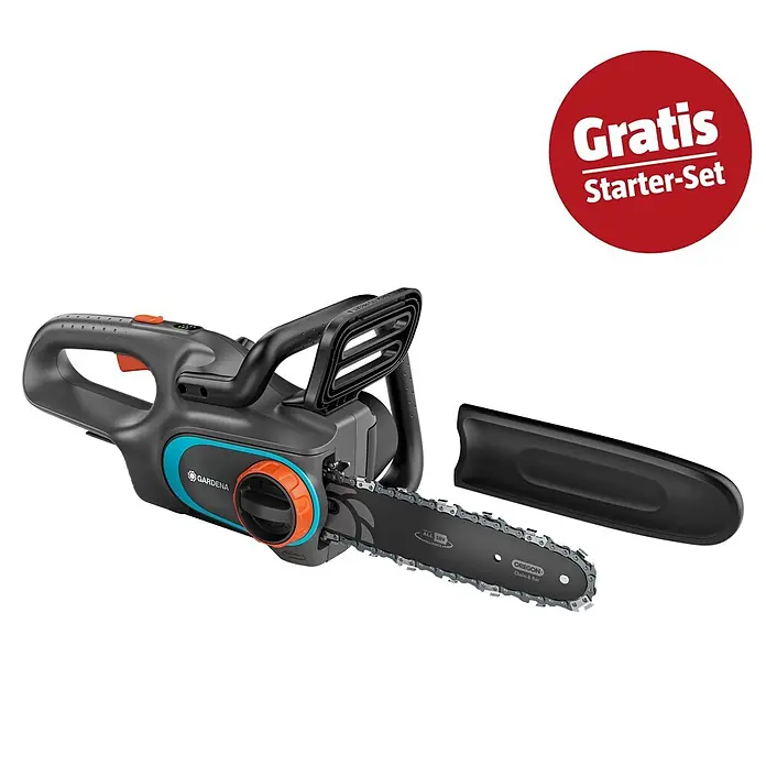 Gardena Power for All 18V Maschinenpaket - Akku-Kettensäge PowerSaw 250/18V, 18V, 2,5 Ah Akku & Ladegerät - Gardena Kettensäge in Grau/Orange/Blau mit Schwertschutz. Roter Kreis: 'Gratis Starter-Set'.