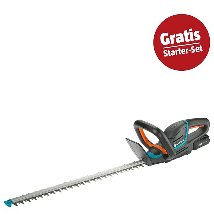 Gardena Power for All 18V Maschinenpaket Ready-to-Use-Set - Akku-Heckenschere ComfortCut 60, 18V, 2,5 Ah Akku & Ladegerät - Gardena Akku-Heckenschere, dunkelgrau mit orange/blauen Akzenten, silberne Klinge, 2.5Ah Akku, und roter 'Gratis Starter-Set' Aktion.