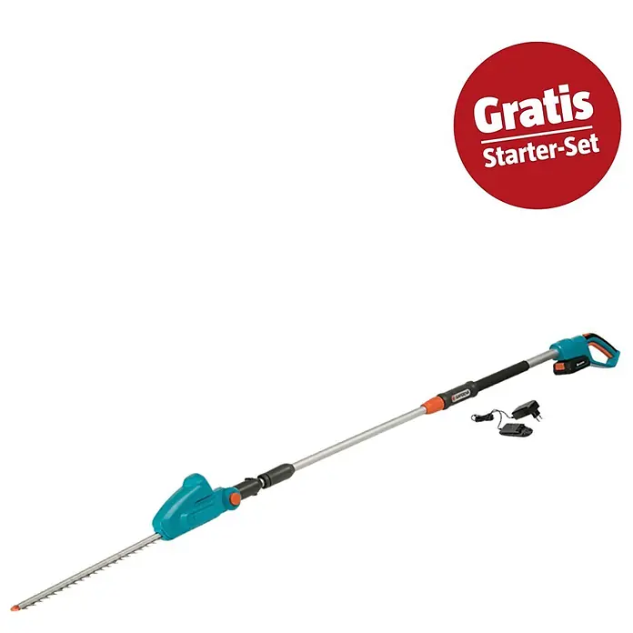 Gardena Power for All 18V Maschinenpaket Ready-to-Use-Set - Teleskop-Heckenschere , 18V, 2,5 Ah Akku & Ladegerät - Langstielige Gardena Heckenschere in Türkis-Schwarz mit Silberstange, Akku und Ladegerät. Inkl. rotem 'Gratis Starter-Set'-Hinweis.