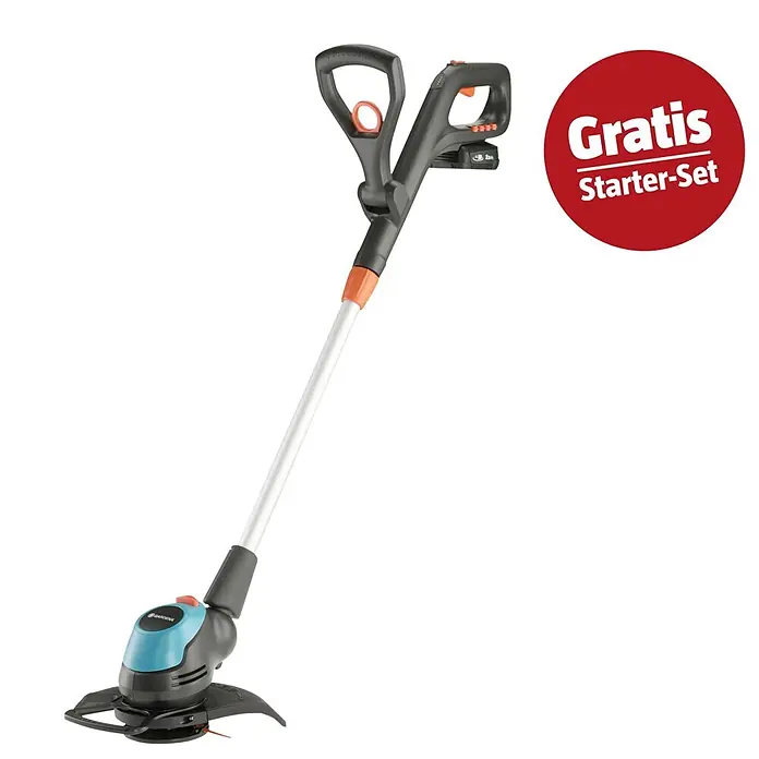 Gardena Power for All 18V Maschinenpaket Ready-to-Use-Set - Akku-Rasentrimmer EasyCut, 18V, 2,5 Ah Akku & Ladegerät - Gardena Akku-Rasentrimmer mit schwarzem und blauem Kopf, weißem Stiel und ergonomischen Griffen.