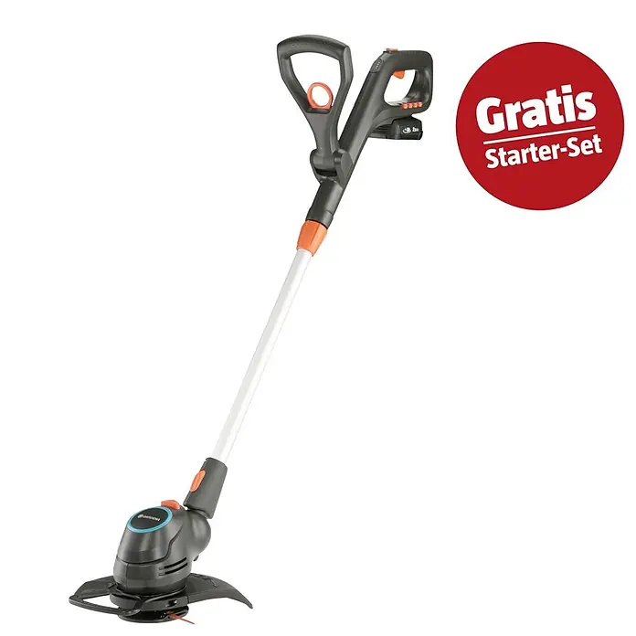 Gardena Power for All 18V Maschinenpaket Ready-to-Use-Set - Akku-Rasentrimmer ComfortCut, 18V, 2,5 Ah Akku & Ladegerät - Schwarz-weißer Akku-Rasentrimmer mit orangefarbenen Akzenten und 'Gratis Starter-Set' Etikett.