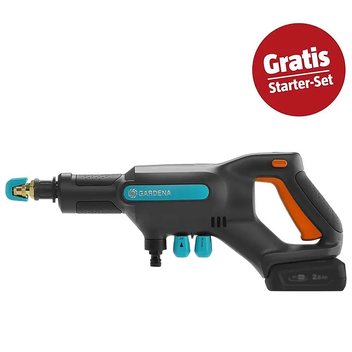 Gardena Power for All 18V Maschinenpaket Ready-to-Use-Set - Akku-Druckreiniger AquaClean 24/18V PR, 18V, 2,5 Ah Akku & Ladegerät - Gardena Akku-Druckreiniger in Schwarz, Orange und Türkis, mit 2.5Ah Akku und verschiedenen Sprühmodi. Inklusive Gratis Starter-Set.