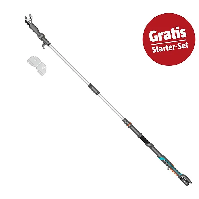 Gardena Power for All 18V Maschinenpaket Ready-to-Use-Set - Baumschere HighCut, 18V, 2,5 Ah Akku & Ladegerät - Grauer und oranger Gardena Teleskop-Hochentaster mit Schneidekopf, Griff, Akku, zwei Abdeckungen und „Gratis Starter-Set“ Angebot.