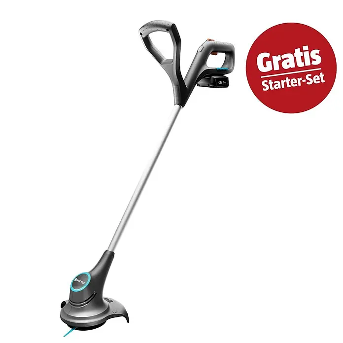 Gardena Power for All 18V Maschinenpaket Ready-to-Use-Set - Akku-Rasentrimmer , 18V, 2,5 Ah Akku & Ladegerät - Kabelloser Rasentrimmer in Grau-Schwarz mit silbernem Schaft und rotem "Gratis Starter-Set" Hinweis.