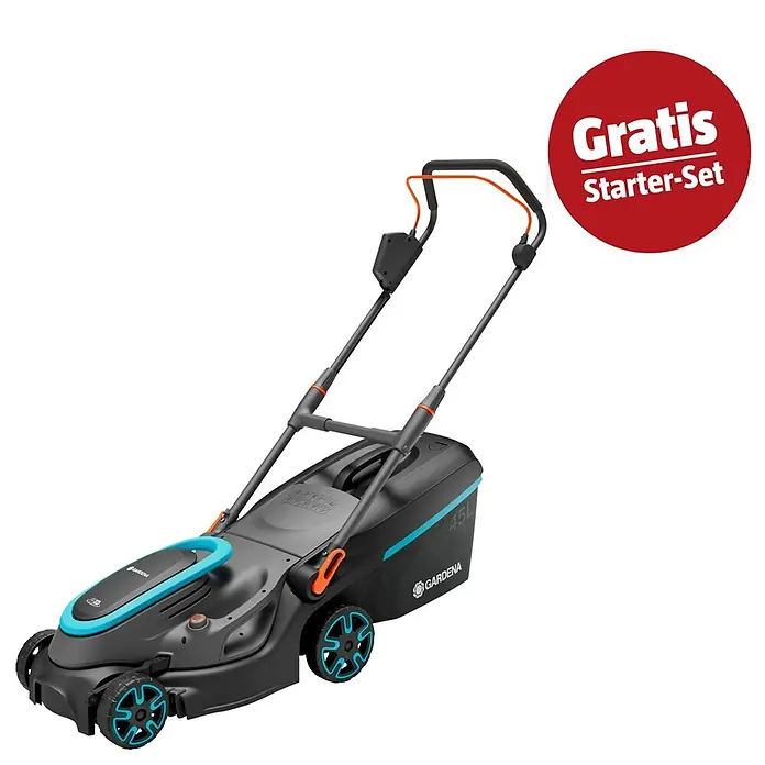 Gardena Power for All 18V Maschinenpaket Ready-to-Use-Set - Akku-Rasenmäher PowerMax 37/36V, 18V, 2,5 Ah Akku & Ladegerät - Gardena Rasenmäher in Schwarz-Grau mit blauen und orangen Akzenten, 45L Fangkorb.