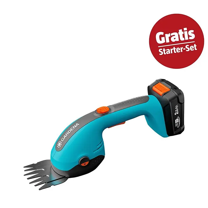 Gardena Power for All 18V Maschinenpaket Ready-to-Use-Set - Akku-Gras- & Strauchschere 20/18V P4A, 18V, 2,5 Ah Akku & Ladegerät - Türkis-schwarze Gardena Akku-Grasschere mit orangefarbenen Akzenten, ausgestattet mit 2.0Ah 18V Akku und "Gratis Starter-Set" Aufkleber.