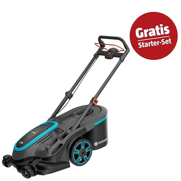Gardena Power for All 18V Maschinenpaket Ready-to-Use-Set - Akku-Rasenmäher PowerMax Duo 46/36V, 18V, 2,5 Ah Akku & Ladegerät - Gardena Akku-Rasenmäher, dunkelgrau mit blauen Akzenten und orangefarbenen Details. Roter "Gratis Starter-Set"-Aufkleber.