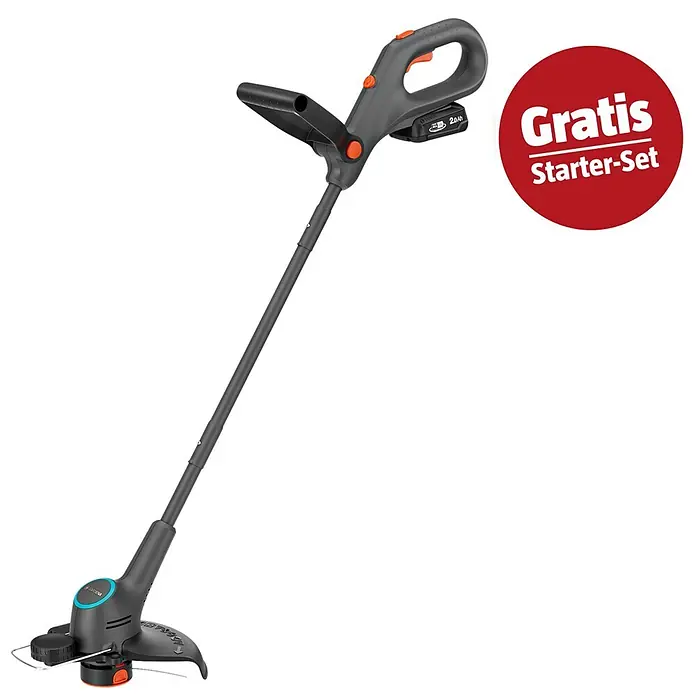 Gardena Power for All 18V Maschinenpaket Ready-to-Use-Set - Akku-Rasentrimmer EasyTrim 25/18V, 18V, 2,5 Ah Akku & Ladegerät - Dunkelgrauer Gardena Akku-Rasentrimmer mit orangefarbenen Akzenten und rotem „Gratis Starter-Set“ Etikett.
