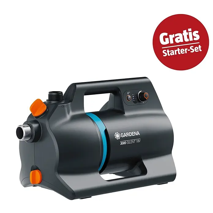 Gardena Power for All 18V Maschinenpaket Ready-to-Use-Set - Akku-Gartenpumpe 3000 Silent, 18V, 2,5 Ah Akku & Ladegerät - Gardena 3000 Silent 18V Wasserpumpe, dunkelgrau mit blauen und orangen Akzenten. Inkl. "Gratis Starter-Set" Aktion.