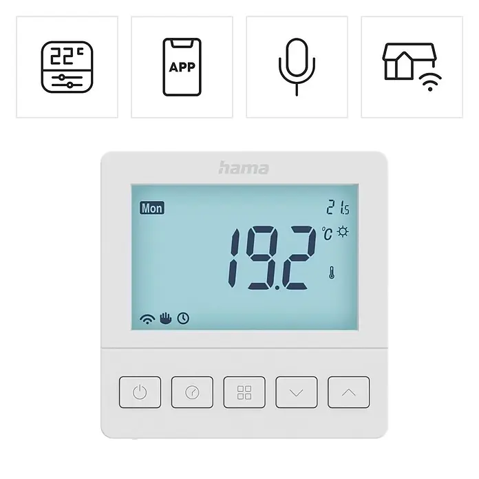 Hama Raumthermostat 00176629 Unterputz per App/Sprache steuern - Weiß - Weißes Smart-Thermostat mit Digitalanzeige (19.2°C), über App und Sprache steuerbar, smart home-kompatibel.