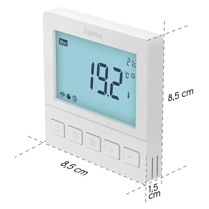 Hama Raumthermostat 00176629 Unterputz per App/Sprache steuern - Weiß - Weißes digitales Thermostat mit blauem Display, das die Temperatur und Bedientasten anzeigt.