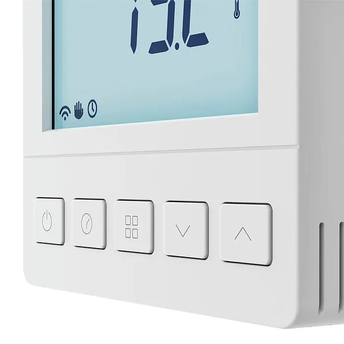 Hama Raumthermostat 00176629 Unterputz per App/Sprache steuern - Weiß - Weißes digitales Thermostat mit Display für Temperatur und Symbole. Fünf Tasten darunter für Ein/Aus, Uhr, Menü und Auf/Ab.