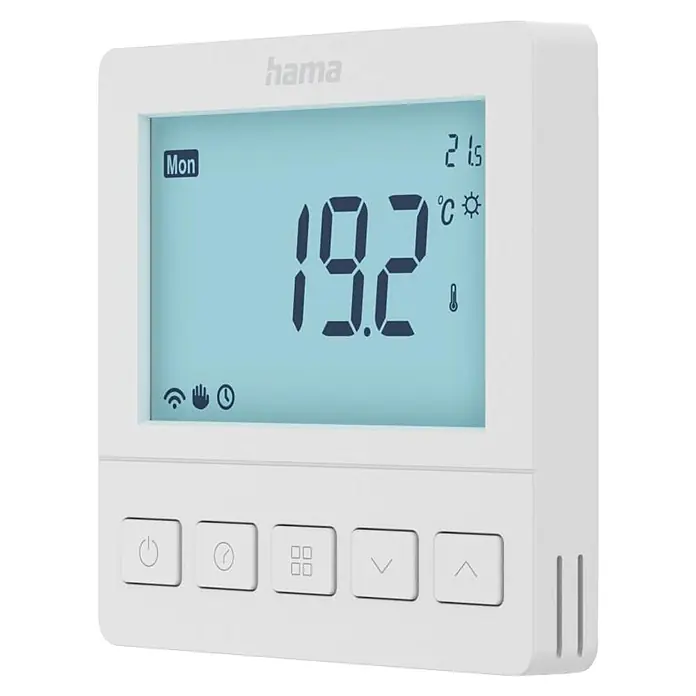 Hama Raumthermostat 00176629 Unterputz per App/Sprache steuern - Weiß - Weißer Hama Digital-Thermostat mit LCD-Anzeige von 19,2°C und fünf Bedientasten zur Temperaturregelung.