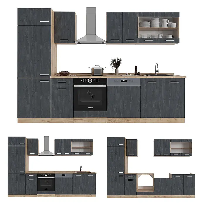 Vicco Küchenzeile R-Line Schwarz Beton/Goldkraft Eiche AP Eiche - Breite: 300 cm, Schwarz Beton, Ohne Elektrogeräte - Modulare Küchenzeile in Dunkelgrau mit Holzdetails, inklusive Backofen, Geschirrspüler, Spüle und Dunstabzugshaube.
