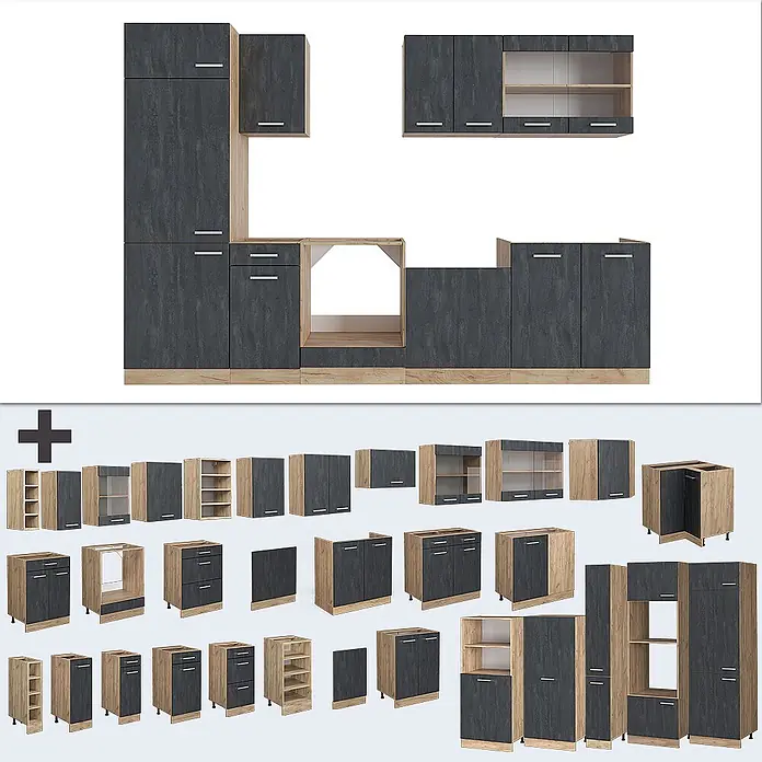 Vicco Küchenzeile R-Line Schwarz Beton/Goldkraft Eiche AP Eiche - Breite: 300 cm, Schwarz Beton, Ohne Elektrogeräte - Modulares Küchensystem: dunkelgraue Schränke, helle Holzakzente. Zeigt Einzelmodule und einen aufgebauten Küchenplan.