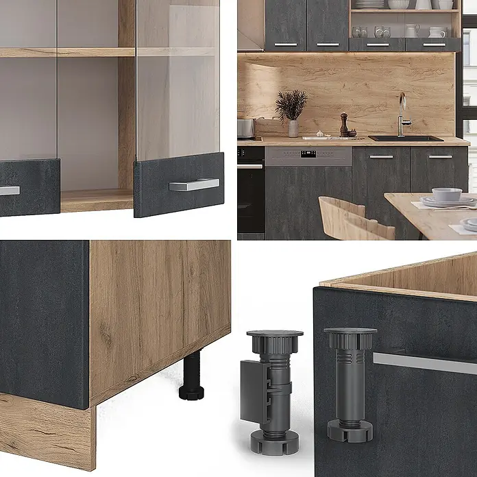 Vicco Küchenzeile R-Line Schwarz Beton/Goldkraft Eiche AP Eiche - Breite: 300 cm, Schwarz Beton, Ohne Elektrogeräte - Küchenmöbel mit dunkelgrauen Betonoptik-Platten, hellen Holzelementen, Glastüren und verstellbaren schwarzen Füßen.