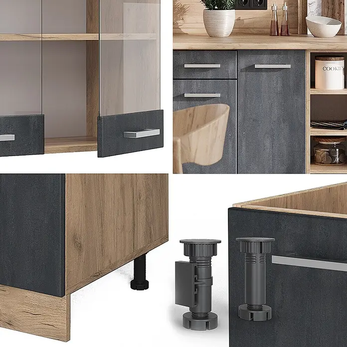 Vicco Küchenzeile R-Line Schwarz Beton/Goldkraft Eiche ohne Arbeitsplatte - Breite: 240 cm, Schwarz Beton, Ohne Elektrogeräte - Moderne Küchenschränke in Dunkelgrau (Betonoptik) und hellem Holz, mit Glasfronten, silbernen Griffen und verstellbaren Füßen.