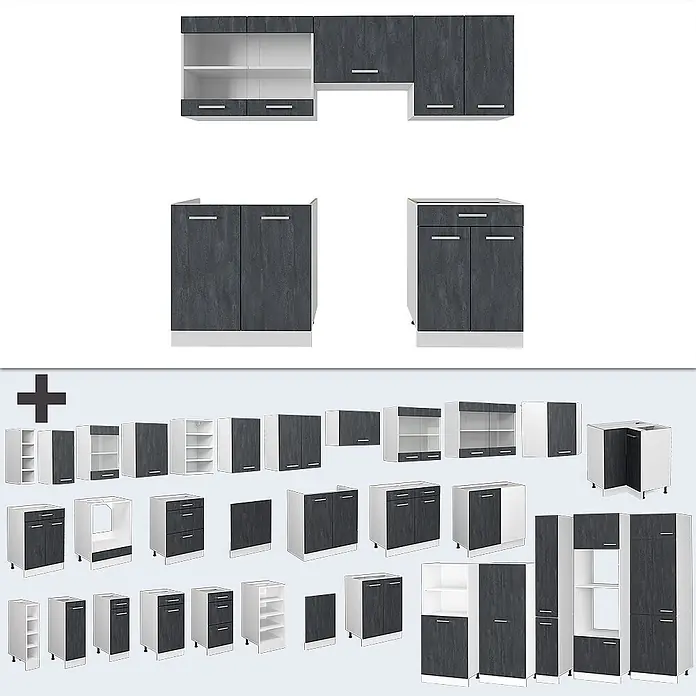 Vicco Küchenzeile R-Line Schwarz Beton/Weiß ohne Arbeitsplatte - Breite: 200 cm, Schwarz Beton, Ohne Elektrogeräte - Modulare Küchenschränke in Dunkelgrau und Weiß, mit Hänge-, Unter- und Hochschränken in verschiedenen Konfigurationen.