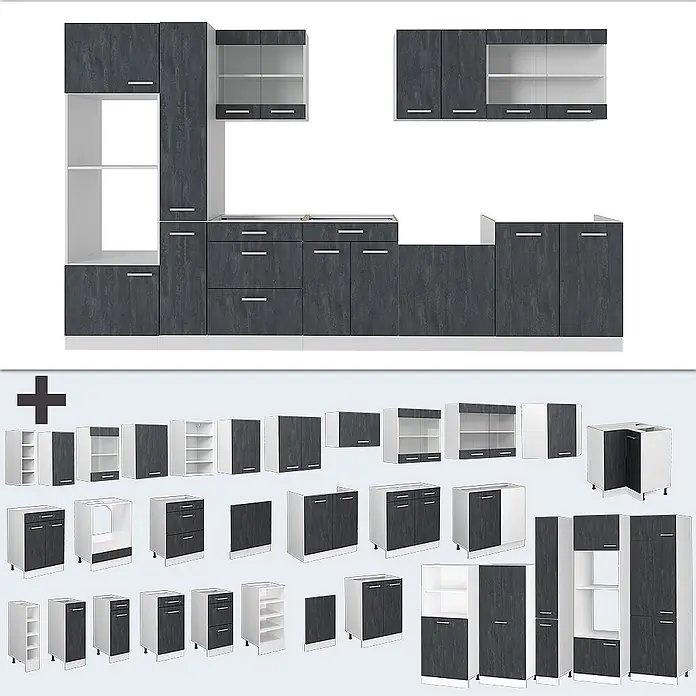 Vicco Küchenzeile R-Line Schwarz Beton/Weiß ohne Arbeitsplatte - Breite: 350 cm, Schwarz Beton, Ohne Elektrogeräte - Modulare Küchenzeile in Dunkelgrau mit Holzoptik und weißen Innenteilen. Enthält diverse Ober- und Unterschränke, Schubladen und offene Regale.