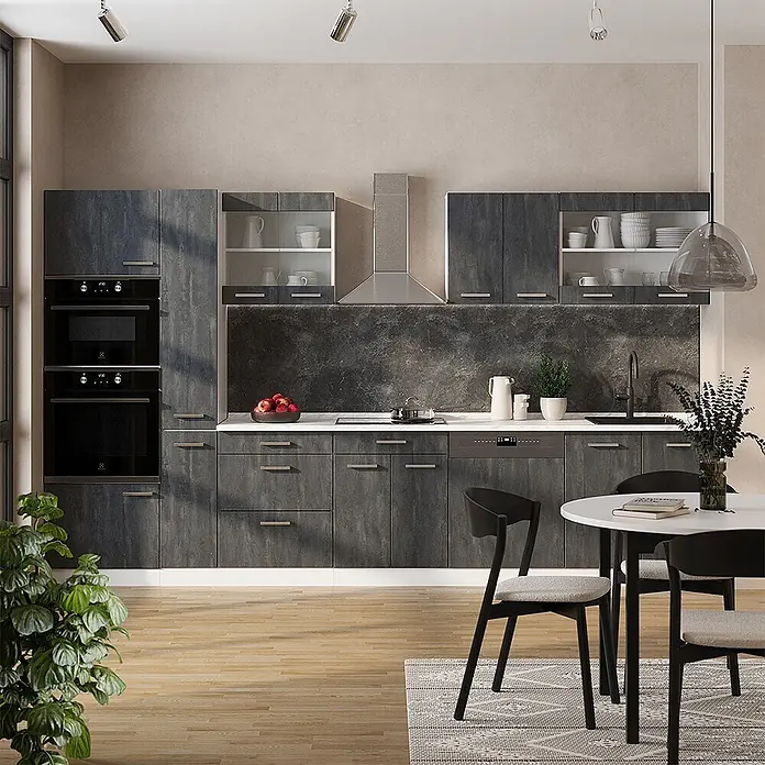 Vicco Küchenzeile R-Line Schwarz Beton/Weiß ohne Arbeitsplatte - Breite: 350 cm, Schwarz Beton, Ohne Elektrogeräte - Moderne dunkelgraue Küchenschränke mit Textur, integrierten Öfen und Dunstabzugshaube in einer modernen Küche.