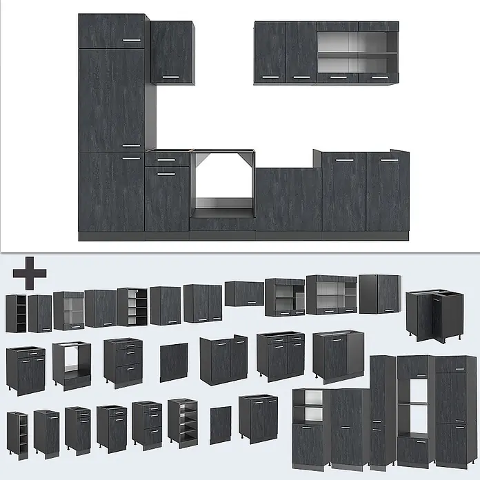 Vicco Küchenzeile R-Line Schwarz Beton/Anthrazit AP Marmor - Breite: 300 cm, Schwarz Beton, Ohne Elektrogeräte - Modulares Küchenschrank-Set in Dunkelgrau mit strukturierter Oberfläche, bestehend aus Ober-, Unter- und Hochschränken.