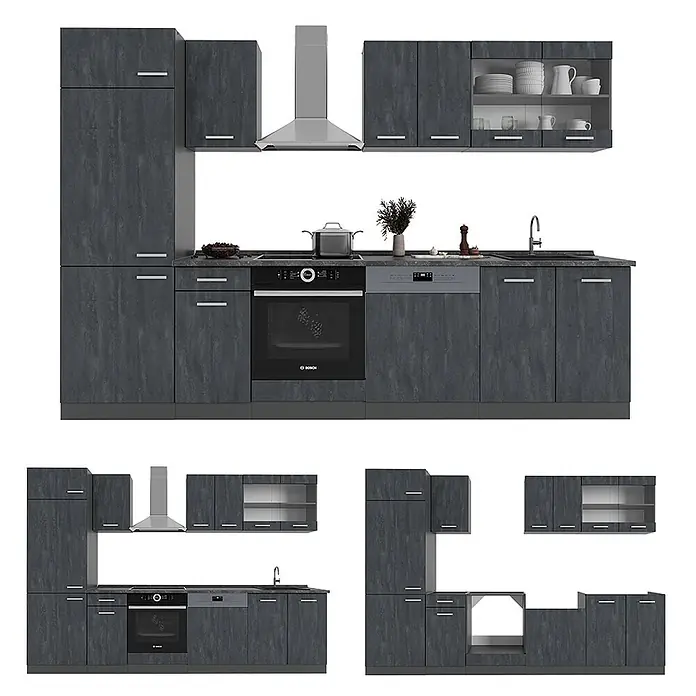 Vicco Küchenzeile R-Line Schwarz Beton/Anthrazit AP Marmor - Breite: 300 cm, Schwarz Beton, Ohne Elektrogeräte - Dunkelgraue Modulküche mit Steinoptik, integriertem Backofen, Kochfeld, Geschirrspüler, Spüle und Dunstabzugshaube.