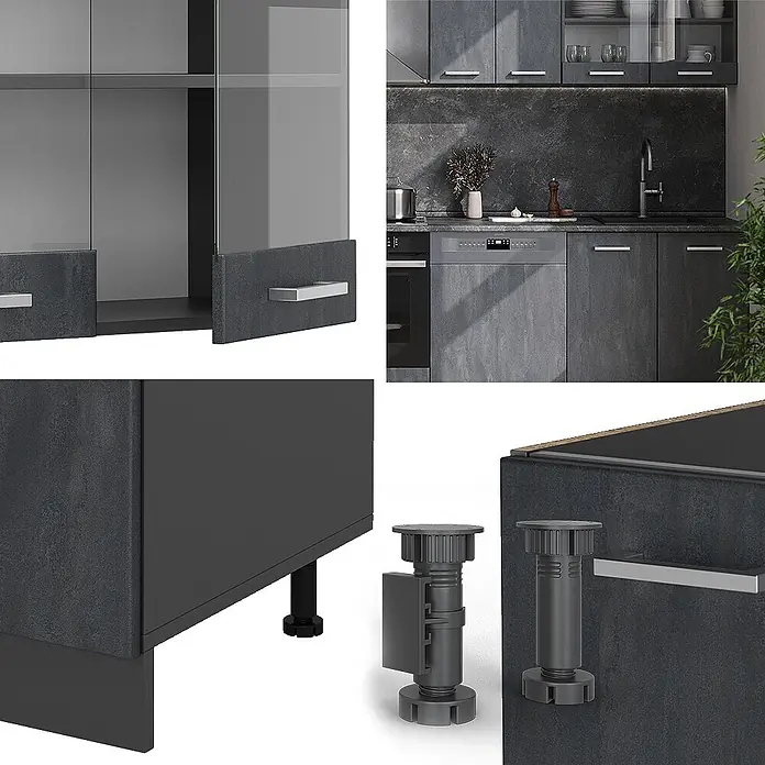 Vicco Küchenzeile R-Line Schwarz Beton/Anthrazit AP Marmor - Breite: 300 cm, Schwarz Beton, Ohne Elektrogeräte - Anthrazitfarbene Küchenschränke mit Struktur, Glastüren, integriertem Geschirrspüler und verstellbaren Nivellierfüßen.