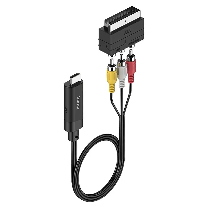 Hama HDMI-Adapter AV Konverter HDMI - SCART Cinch - Schwarz - Schwarzes USB-C auf SCART Adapterkabel mit gelben, weißen und roten Cinch-Anschlüssen.