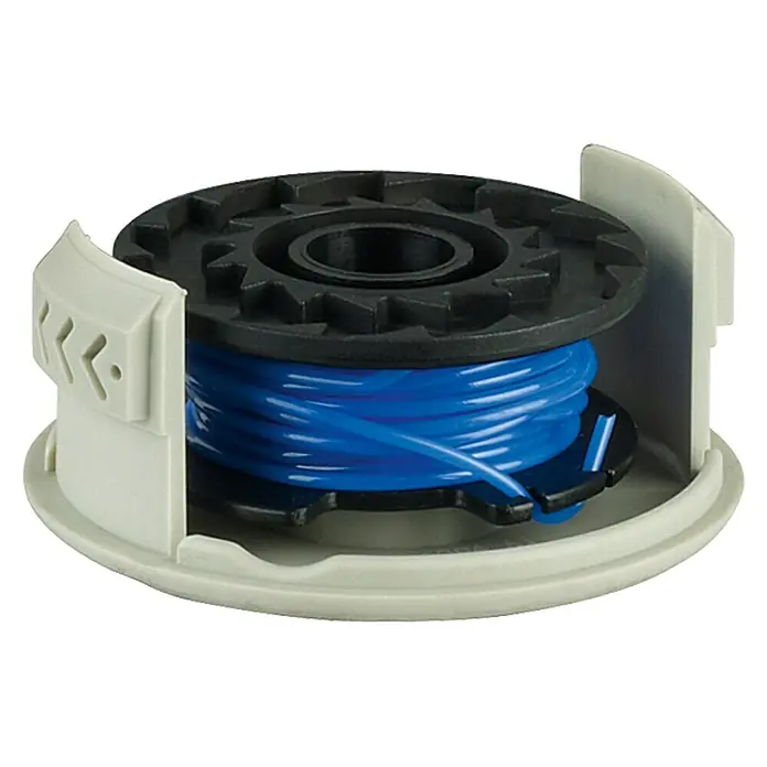 Ryobi ONE+ Ersatzfadenspule - Fadenlänge: 4,5 m, Fadenstärke: 1,6 mm, Passend für: Ryobi Akku-Rasentrimmer RTL 1830 Li und OLT1831 18V - Nahaufnahme eines Trimmerkopfes mit blauem Faden, der ordentlich aufgespult ist. Das Gehäuse ist hellgrau und schwarz.