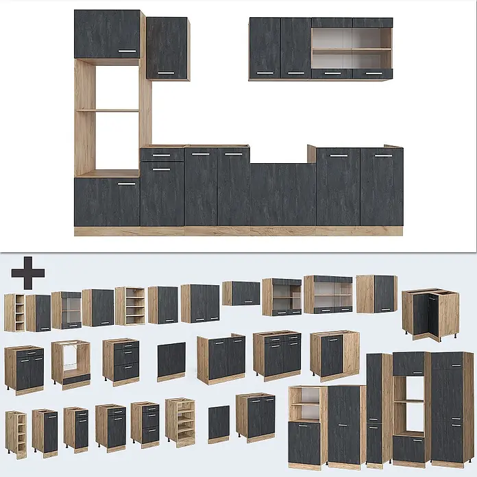 Vicco Küchenzeile R-Line Schwarz Beton/Goldkraft Eiche AP Anthrazit - Breite: 300 cm, Schwarz Beton, Ohne Elektrogeräte - Modulare Küchenschrankgarnitur in Dunkelgrau und hellem Holz, mit verschiedenen Wand-, Unter- und Hochschränken, offenen Regalen und Glasfronten.