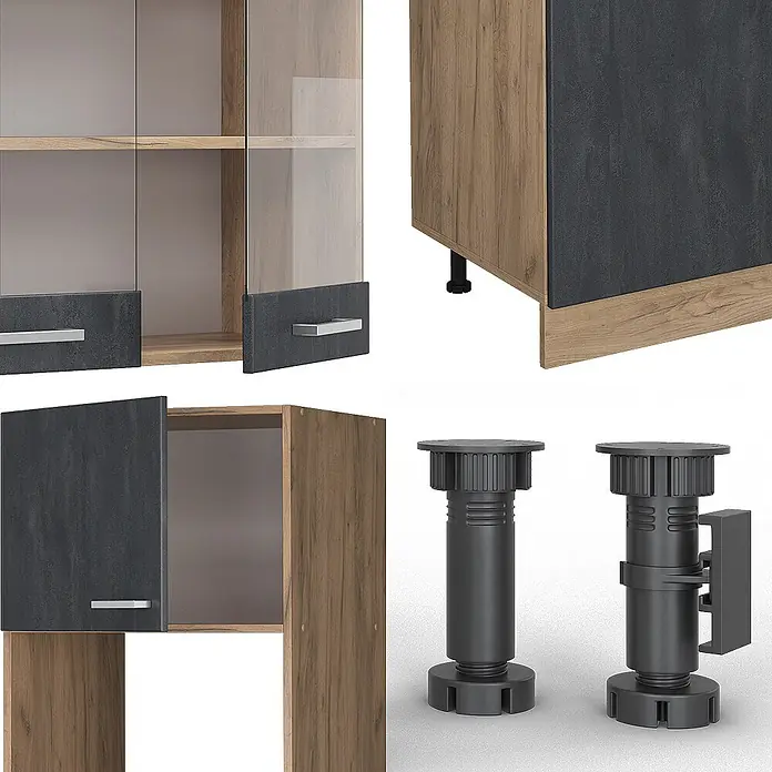 Vicco Küchenzeile R-Line Schwarz Beton/Goldkraft Eiche AP Anthrazit - Breite: 300 cm, Schwarz Beton, Ohne Elektrogeräte - Modulare Möbelkomponenten: Eichendekor und dunkelgraue Schränke mit Glas- und Volltüren, sowie schwarze verstellbare Möbelfüße.