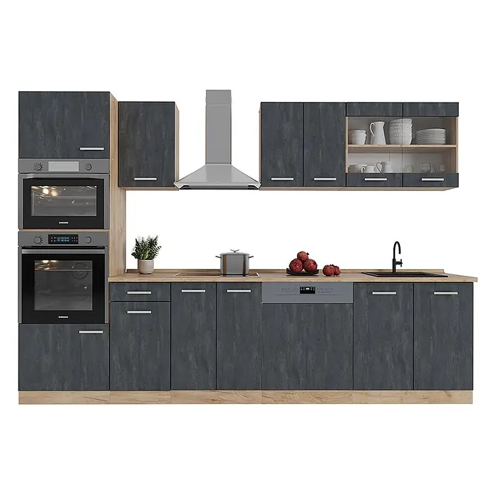 Vicco Küchenzeile R-Line Schwarz Beton/Goldkraft Eiche AP Anthrazit - Breite: 300 cm, Schwarz Beton, Ohne Elektrogeräte - L-förmige Küchenzeile mit dunkelgrauen Schränken, hellen Holz-Arbeitsplatten, integrierten Öfen, Kochfeld, Dunstabzugshaube, Spülmaschine und Spüle.