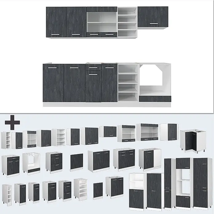 Vicco Küchenzeile R-Line Schwarz Beton/Weiß AP Eiche - Breite: 240 cm, Schwarz Beton, Ohne Elektrogeräte - Modulare Küchenschränke in Dunkelgrau mit weißen Rahmen, montiert und als Einzelteile dargestellt.