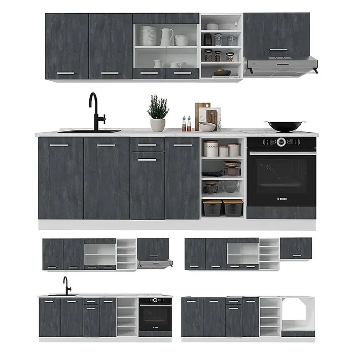 Vicco Küchenzeile R-Line Schwarz Beton/Weiß AP Eiche - Breite: 240 cm, Schwarz Beton, Ohne Elektrogeräte - Komplette dunkelgraue Küchenzeile mit weißer Arbeitsplatte, Spüle, Backofen und Dunstabzugshaube. Modulares Design.