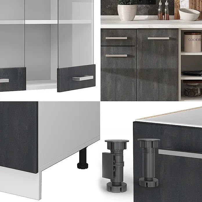 Vicco Küchenzeile R-Line Schwarz Beton/Weiß AP Eiche - Breite: 240 cm, Schwarz Beton, Ohne Elektrogeräte - Modulare Küchenschränke in dunkelgrauer Betonoptik und Weiß, mit Glastüren, silbernen Griffen und verstellbaren Füßen.