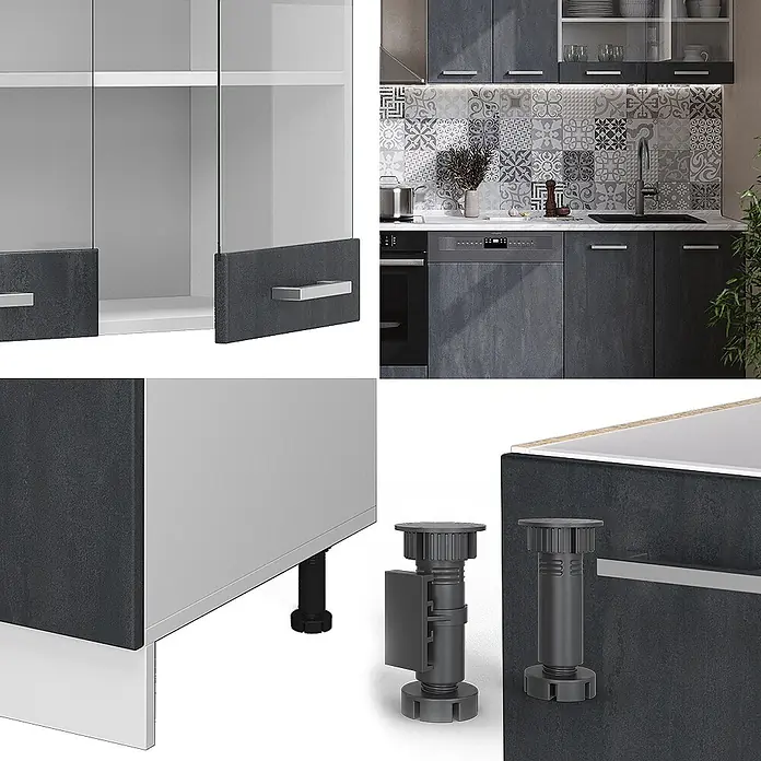 Vicco Küchenzeile R-Line Schwarz Beton/Weiß AP Anthrazit - Breite: 300 cm, Schwarz Beton, Ohne Elektrogeräte - Moderne dunkelgraue Küchenschränke mit Glastüren, Metallgriffen und verstellbaren Füßen für eine komplette Küche.