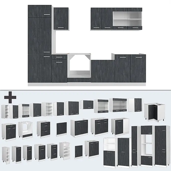 Vicco Küchenzeile R-Line Schwarz Beton/Weiß AP Anthrazit - Breite: 300 cm, Schwarz Beton, Ohne Elektrogeräte - Dunkelgraue Küchenschrank-Garnitur mit verschiedenen modularen Einheiten und weißen Akzenten.