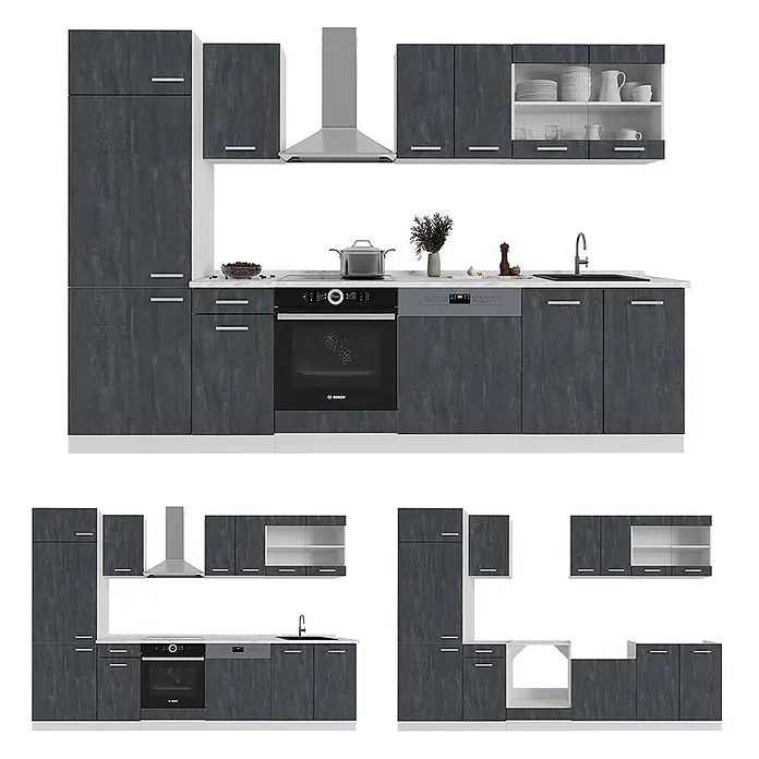 Vicco Küchenzeile R-Line Schwarz Beton/Weiß AP Anthrazit - Breite: 300 cm, Schwarz Beton, Ohne Elektrogeräte - Modulare dunkelgraue Küchenzeile in Holzoptik, bestehend aus verschiedenen Unter-, Ober- und Hochschränken.