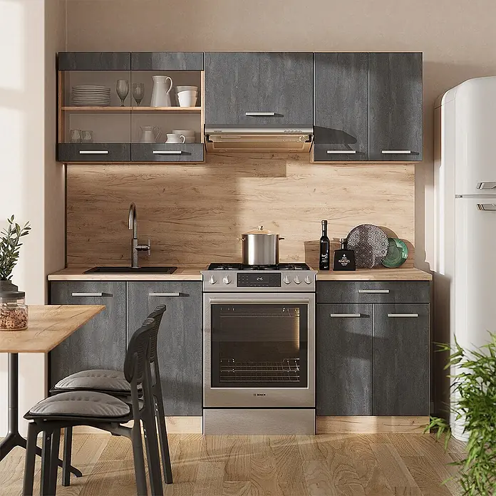 Vicco Küchenzeile R-Line Schwarz Beton/Goldkraft Eiche AP Anthrazit - Breite: 200 cm, Schwarz Beton, Ohne Elektrogeräte - Moderne Küche mit dunkelgrauen Schränken, Arbeitsplatte/Spritzschutz in Holzoptik und Edelstahlgeräten. Integrierte Spüle und freistehender Herd.
