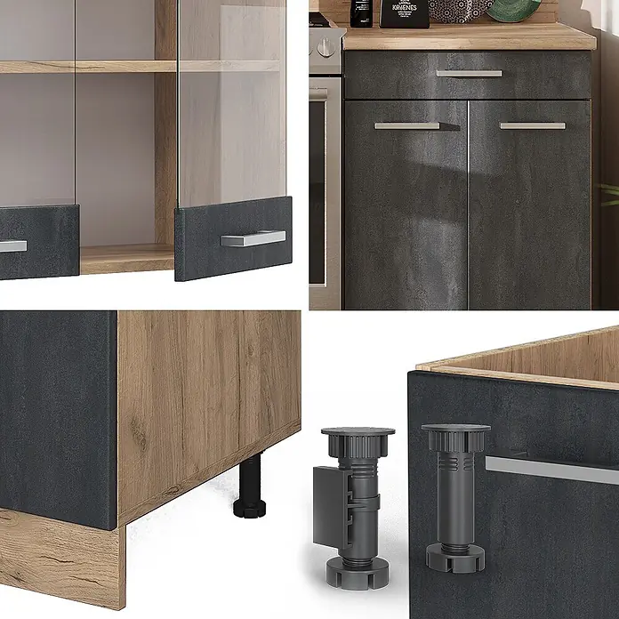 Vicco Küchenzeile R-Line Schwarz Beton/Goldkraft Eiche AP Anthrazit - Breite: 200 cm, Schwarz Beton, Ohne Elektrogeräte - Dunkelgraue und Holzschränke mit Glastüren, silbernen Griffen und verstellbaren Füßen.