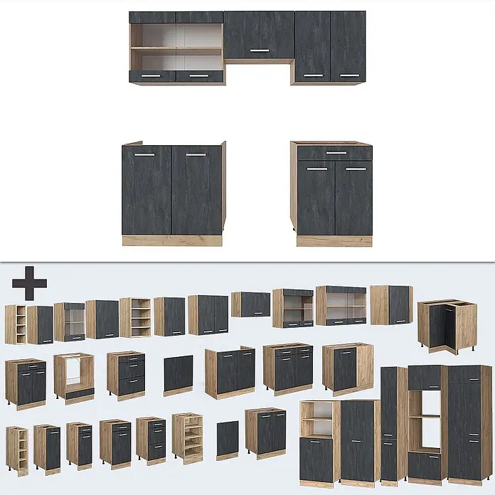 Vicco Küchenzeile R-Line Schwarz Beton/Goldkraft Eiche AP Anthrazit - Breite: 200 cm, Schwarz Beton, Ohne Elektrogeräte - Modulares Küchenschranksystem mit dunkelgrauen Fronten und hellen Holzkorpussen, bestehend aus Unter-, Ober- und Hochschränken.