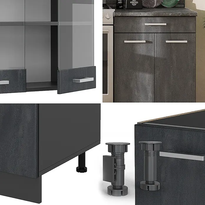 Vicco Küchenzeile R-Line Schwarz Beton/Anthrazit AP Marmor - Breite: 200 cm, Schwarz Beton, Ohne Elektrogeräte - Dunkelgraue Küchenschränke in Betonoptik, Glastüren, silberne Griffe und verstellbare Füße.